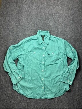 Lauren Ralph Lauren Shirt Womens 1X Turquoise Linen Button Up Chest Pockets